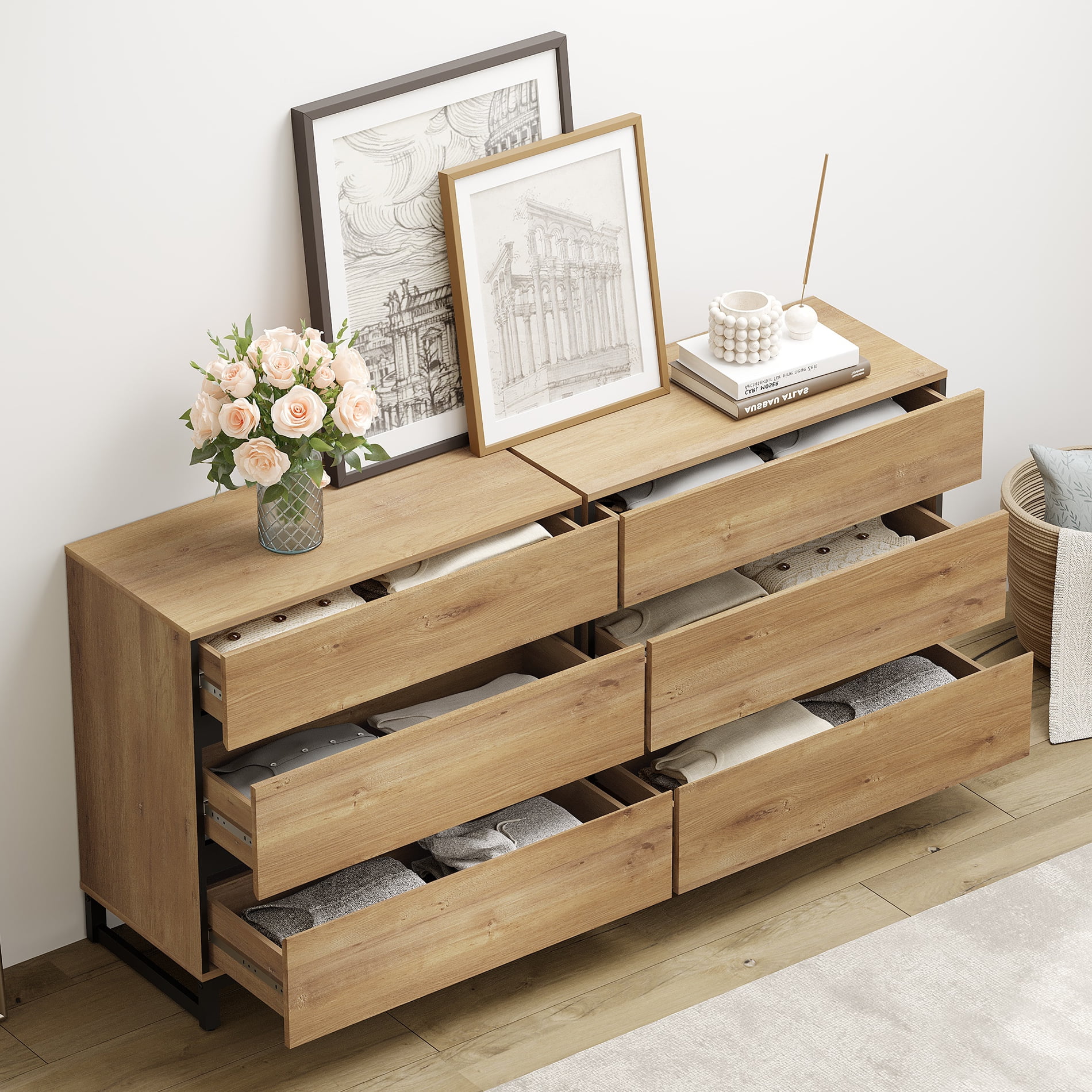 WAMPAT 2 PCS Modern 72" Tall Bookcase with 6 Drawers and Open Book Shelfs, Library Book Shelf with Storage Cabinet and Metal Base, Wood Freestanding Bookshelves for Home Office, Living Room, Oak