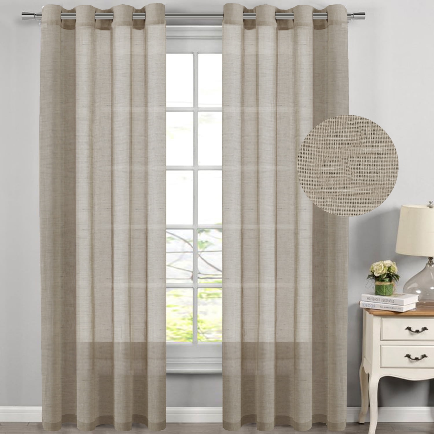 PrimeBeau Natural Linen and Poly Mixed Soft Semi Sheer Curtain Panels