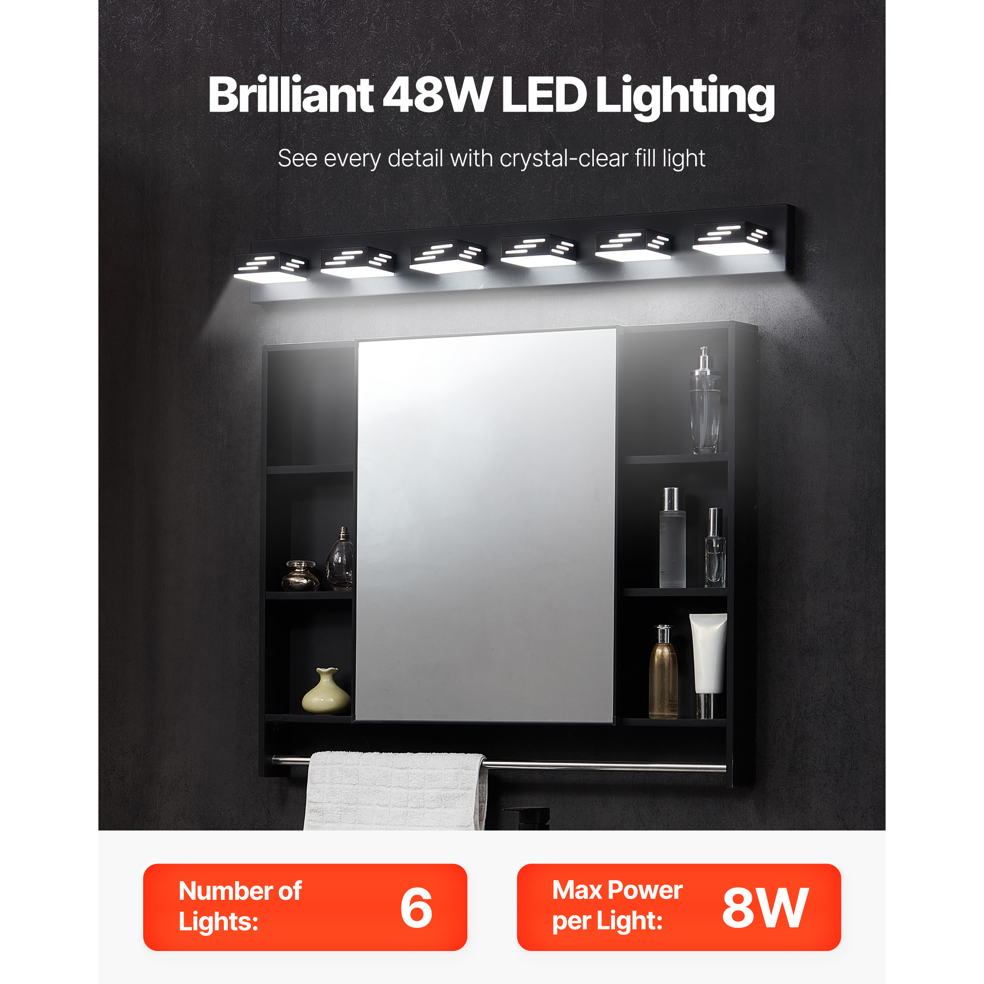 KFFKFF 6-Light LED Vanity Light Fixture, 40.35-Inch, Black Finish Wall Lighting for Bathroom, Bedroom, Living Room, Hallway, Waterproof Design, Cool White 6000K