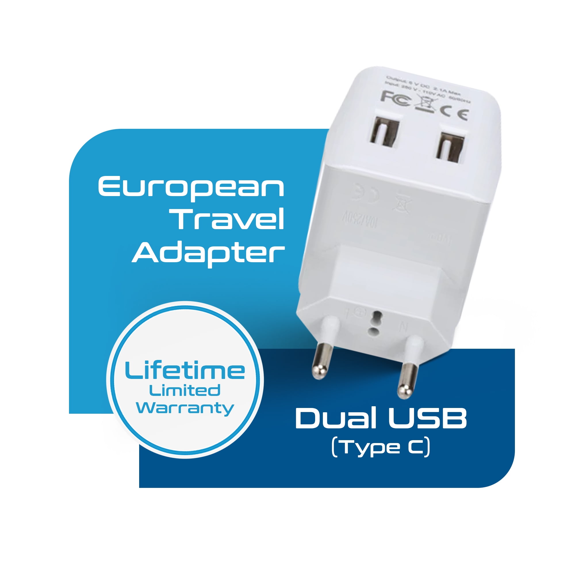 Ceptics CTU-9C Continental European Travel Adapter Plug - Type C - Dual USB Devices
