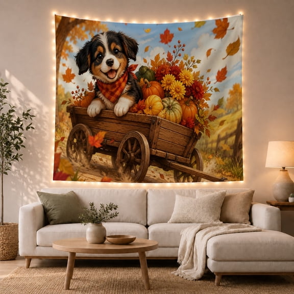 Happy Puppy in Pumpkin Wagon with Maple Leaves, Playful Rustic Style for Dog Lovers, Harvest Wall Art, Housewarming Gift, Tapestry Wall Hanging for Bedroom and Living Room