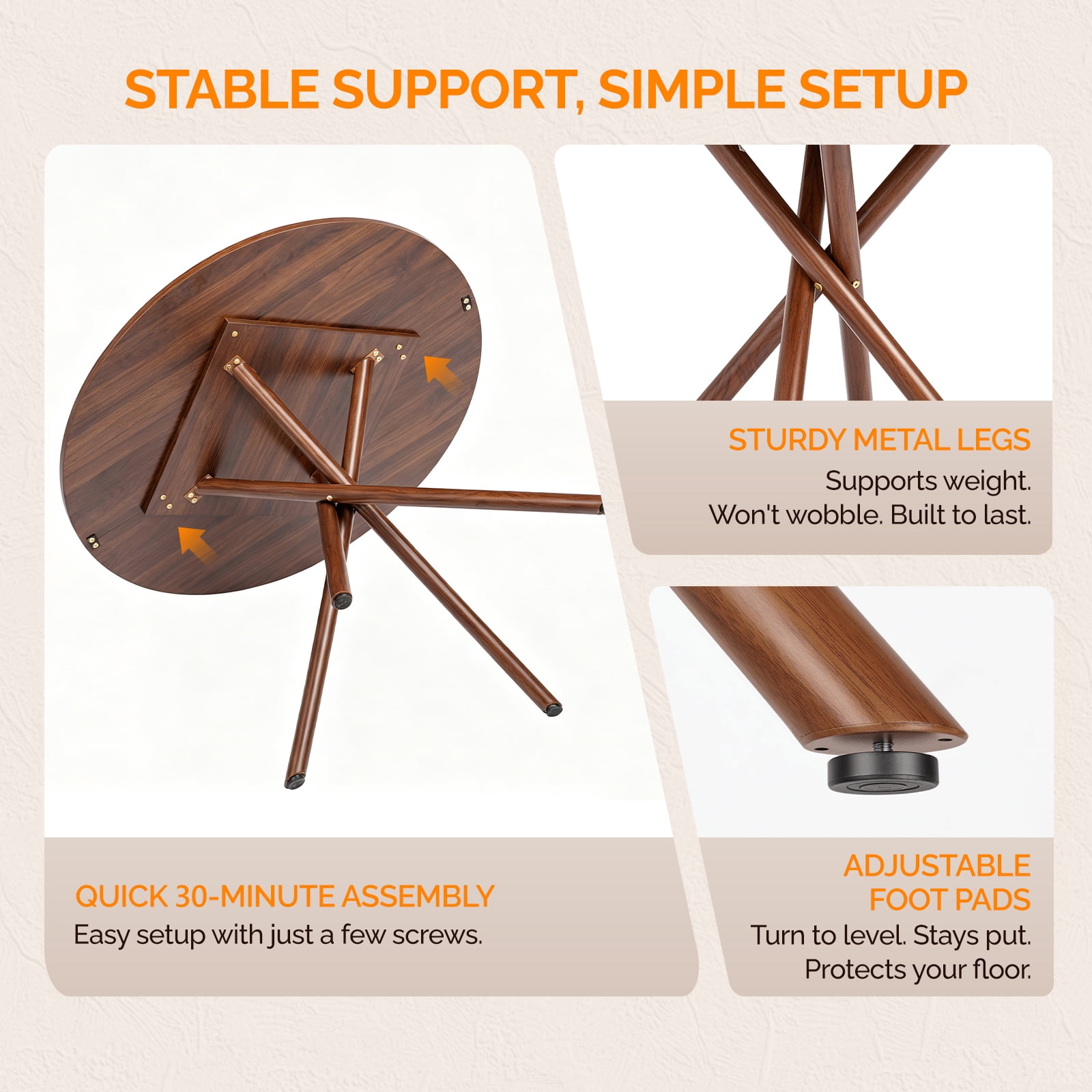 37.4 Inch Round Dining Table for 4-6 People, Cross X Metal Leg Kitchen Dinner Table with Adjustable Foot Pads, Easy Assembly Small Space Dining Room Table, Walnut