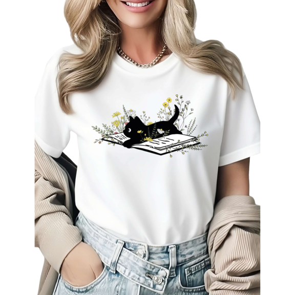 Bookworm Cat With Wildflowers Graphic Tees Womans Tshirt Tops Black/White S-5XL