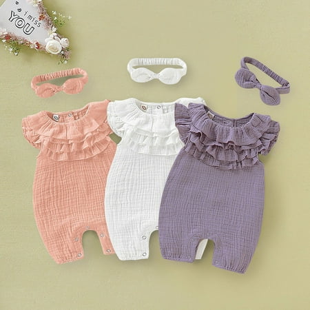 

MyBeauty 2Pcs/Set Infant Romper Multi-layered Collar Skin Friendly Soft Baby Girls Bodysuit Headband Suit for Spring Light Purple 90cm