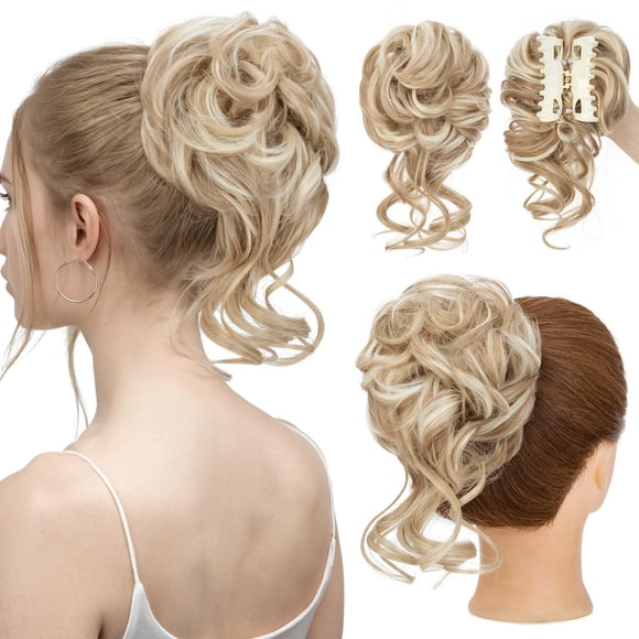 S-noilite Claw Clip Messy Bun Hair Pieces Tousled Updo Fake Hair Bun Chignon Wavy Curly Messy Bun with Clip Hair Extensions Scrunchie Clip on Bun Ponytail Hairpieces for Women(16P613)