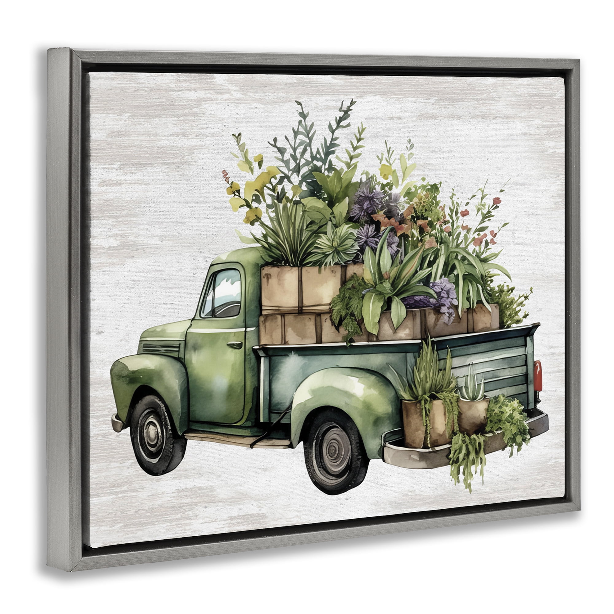 Stupell Industries Greenery Filled Truck Transportation Painting Gray Floater Framed Canvas Art Print Wall Art, 21 x 17