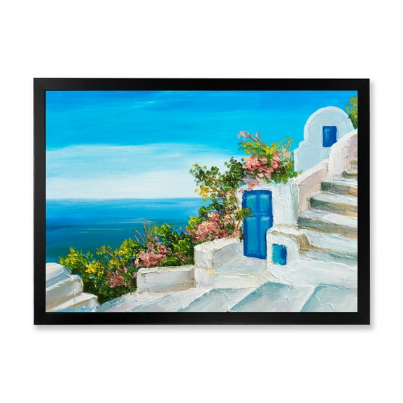 Designart 'House With Colorful Flowers Near The Sea IV' Nautical & Coastal Framed Art Print
