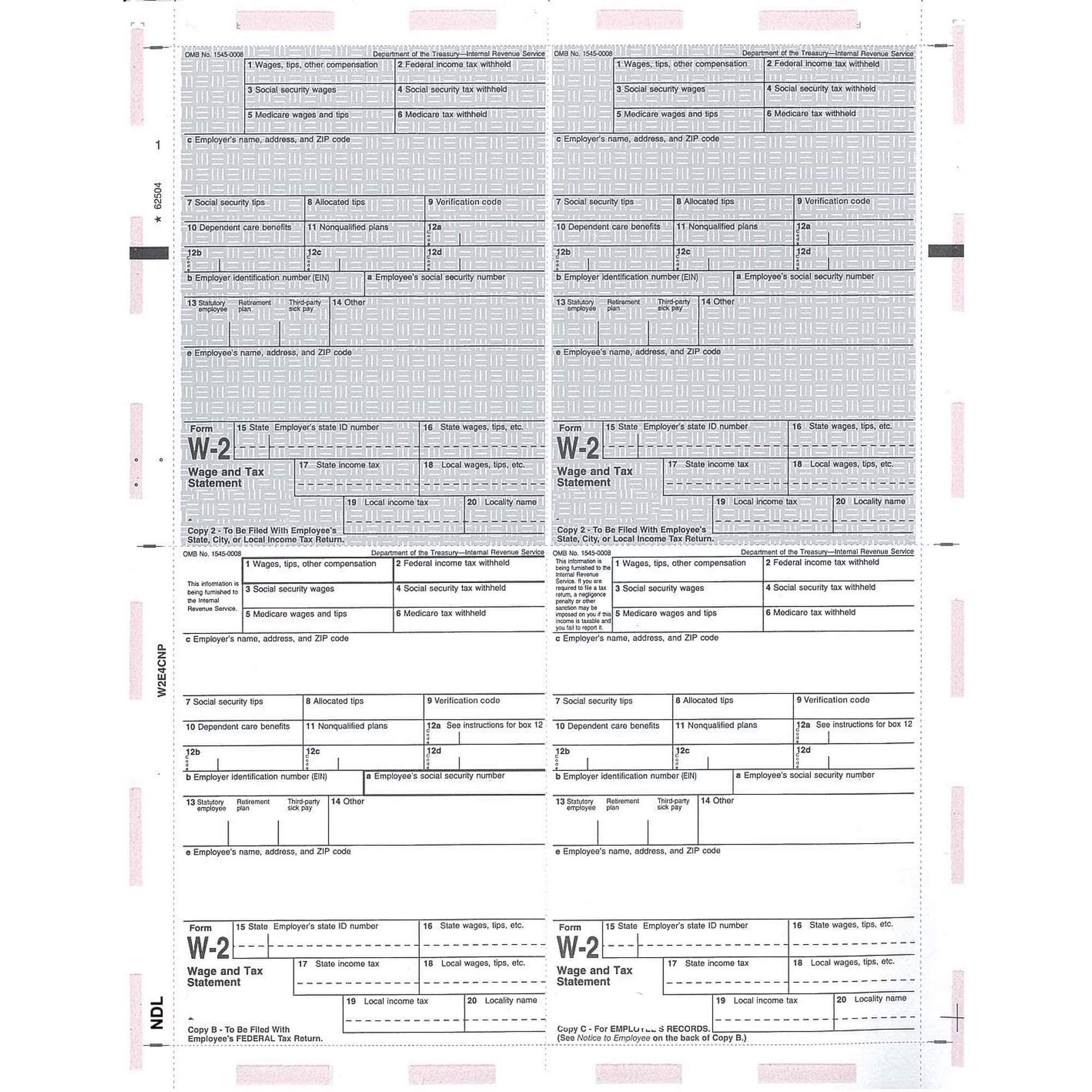 Next Day Labels Pressure Seal Tax Forms W-2 4 Per Page, 8-1/2 x 11