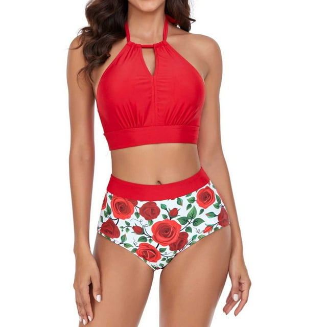 Womens Two Piece Swimsuits High Waisted Halter Nece Bathing Suit Tummy Control Swimwear