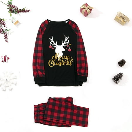 

ERTUTUYI Christmas Women Plaid Deer Print Long Sleeve Tops+Pants Family Pjs Matching Set Black L