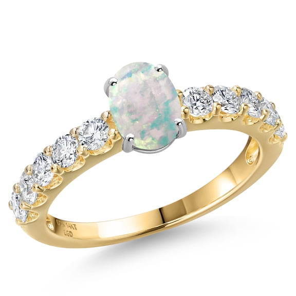 Gem Stone King 14K Two Tone Gold Simulated White Opal and Lab Grown Diamond Engagement Ring for Women | 1.65 Cttw | Oval Cabochon 7X5MM | Gemstone October Birthstone | Size 7
