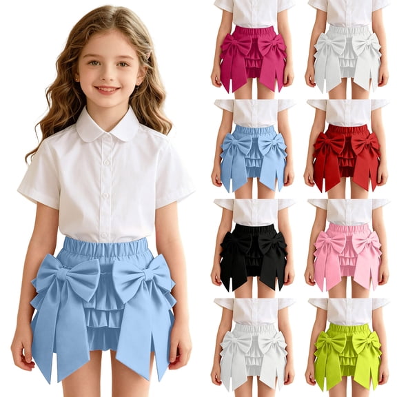 FRSASU Girls Summer Bow Tie Mini Skirt Cute Pleated High Shirred Waist Layered Ruffle Hem Short Cake Skirts White