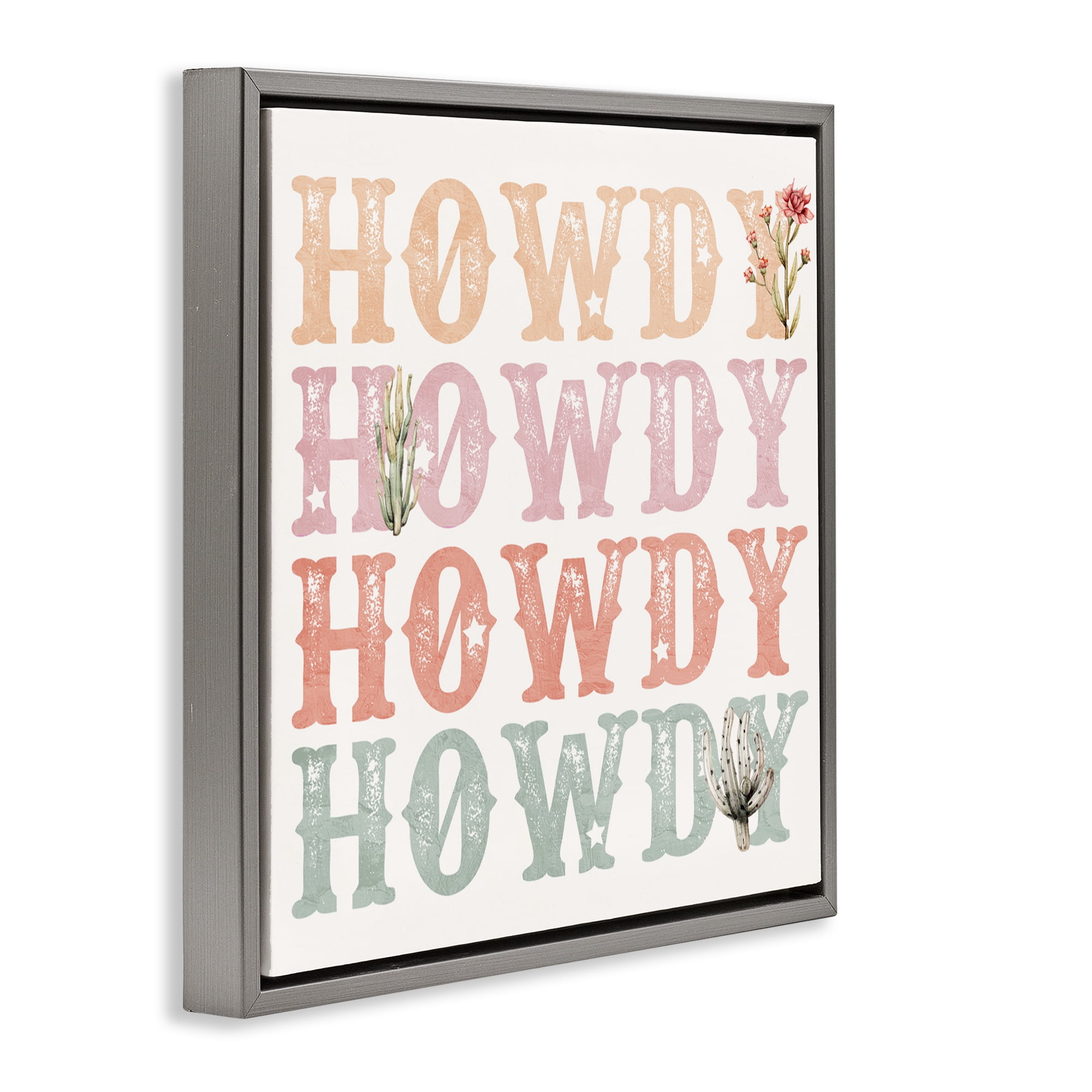Vintage Howdy Rainbow Text Gray Framed Floater Canvas Wall Art, design by Kim Allen
