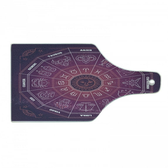 Zodiac Cutting Board, Colorful Circle Regarding the Position of Celestial Bodies Place of Birth Theme Design, Tempered Glass Cutting and Serving Board, Wine Bottle Shape, Purple, by Ambesonne