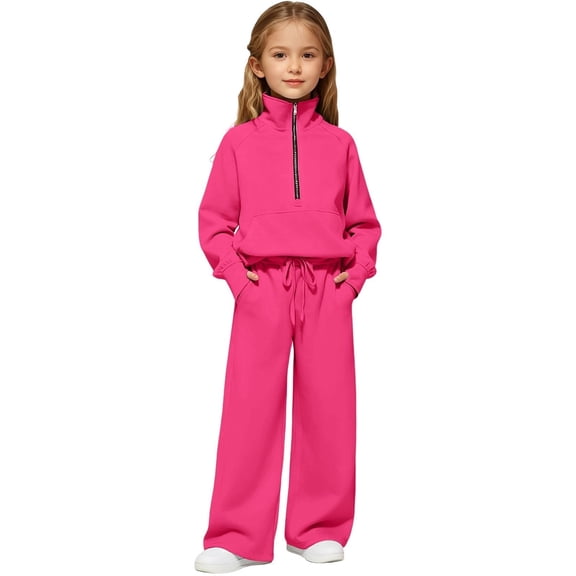 Girls 2 Piece Outfits Tracksuit Drop Shoulder Sweatshirt Quarter Zip Sweatshirt and Sweatpants Joggers Set with Pockets,Color:Hot Pink,5-6 Years