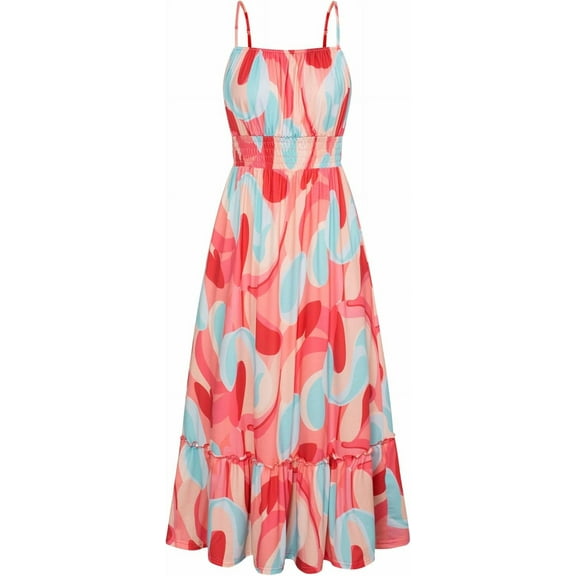 Womens 2025 New Summer Maxi Dress Sleeveless Floral Spaghetti Strap Smocked Boho Beach Long Dress with Pockets