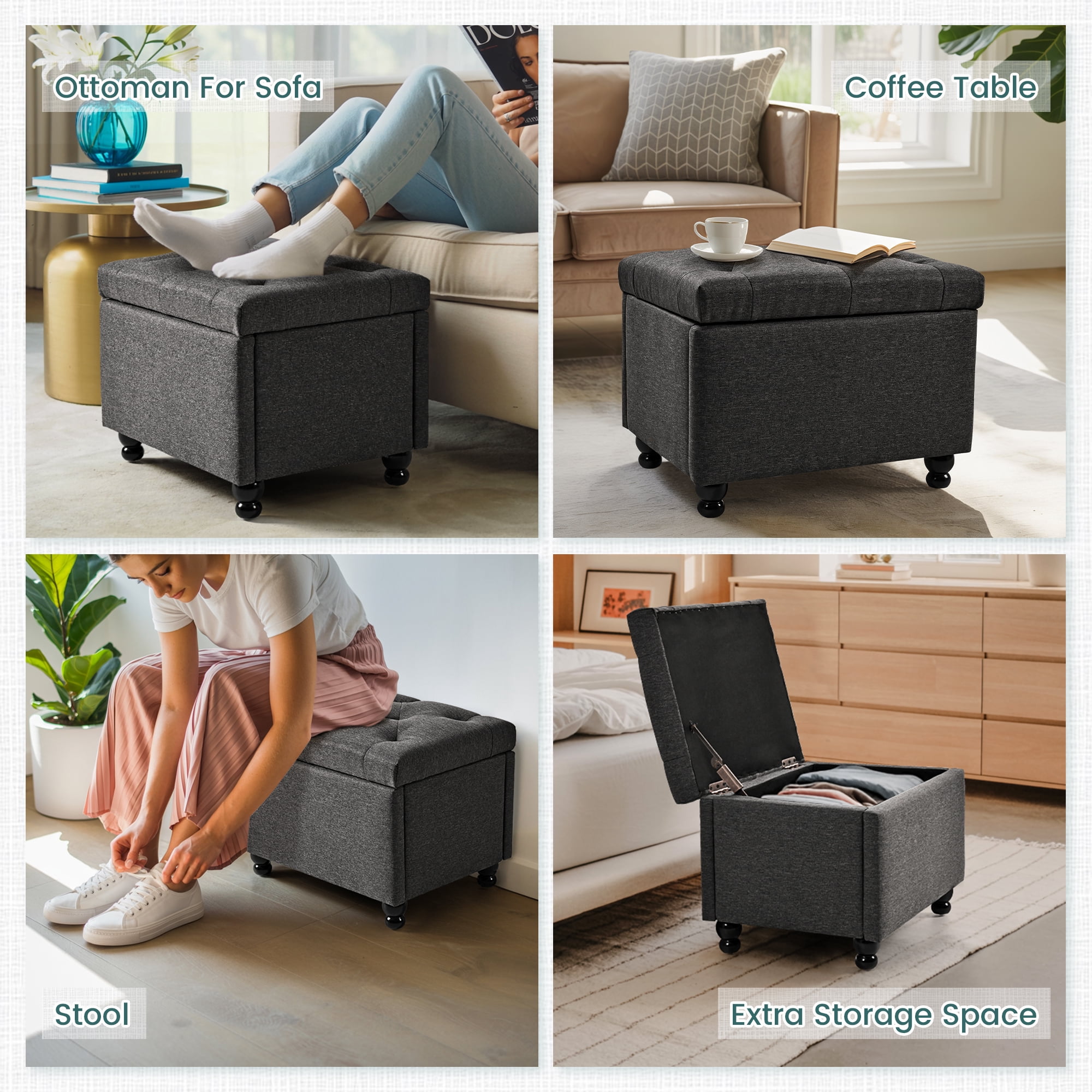 Pamapic 24" Faux Linen Rectangle Storage Ottoman,  Multifunctional Shoe Stool for Entryway in Grey