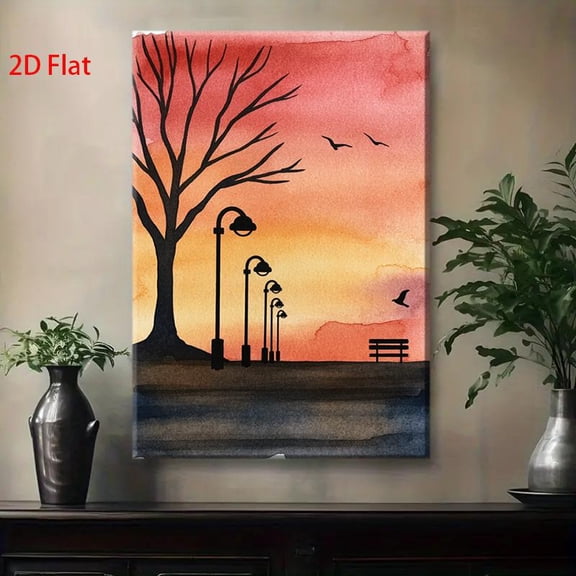 Watercolor Dusk Shore Landscape Wall Art - Pink & Orange Sunset Painting with Black Tree & Birds, Wood Frame Wrapped Canvas, Modern Minimalist Pink-Peach Ombre for Living Room