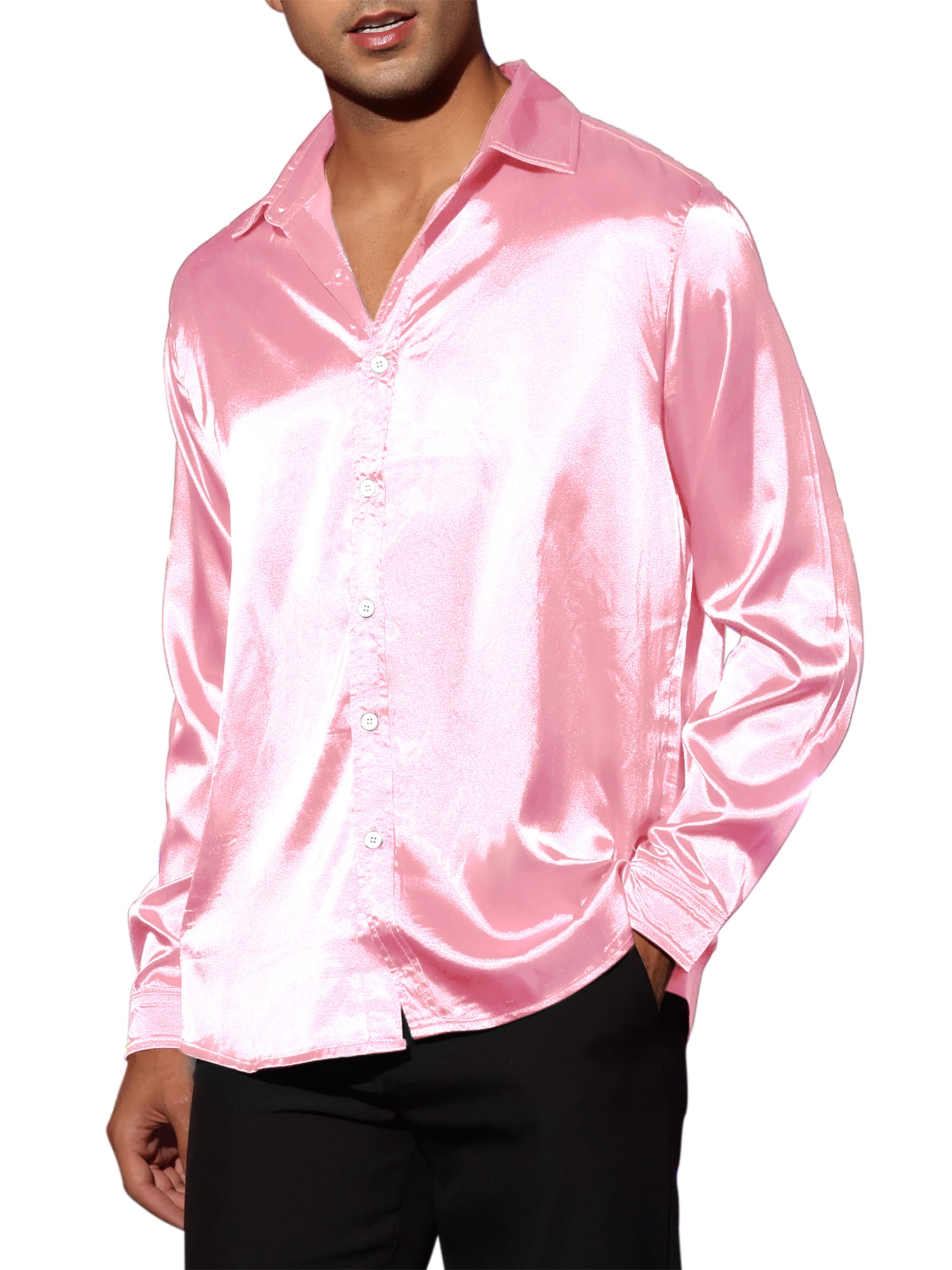 Unique Bargains Men's Satin V Neck Long Sleeves Button Down Prom Shirts L Pink