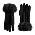 thumbnail image 2 of Winter Gloves for Women with Faux Fur Trimmed Fleece Lined Cable Knit Solid Stretchy Gloves Black Free Size, 2 of 7