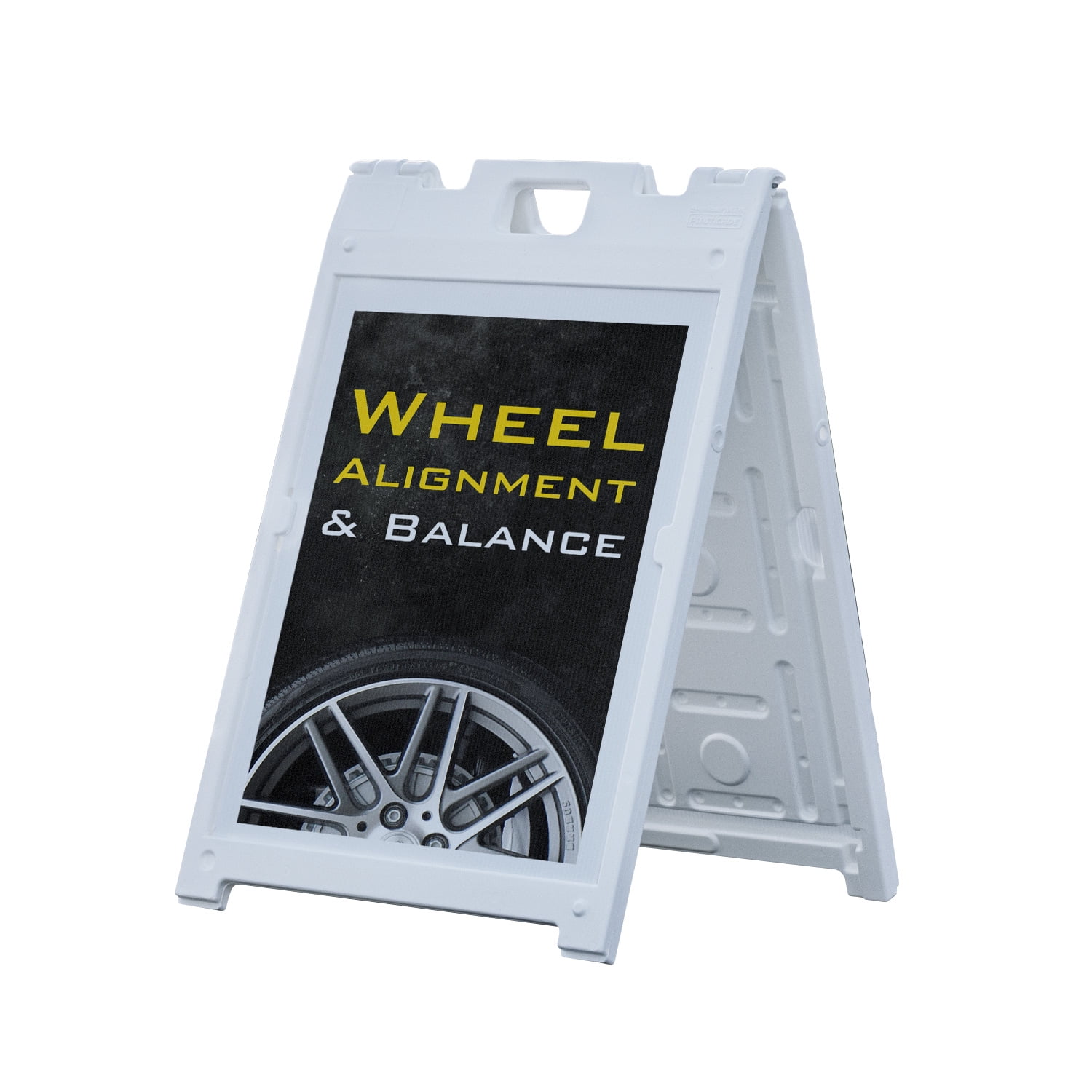 Wheel Alignment & Balancing 18 x 24 Double Sided A-Frame Sidewalk Sign Includes 2 Plastic Inserts Foldable Portable White Signicade Sandwich Board Professional Auto Services