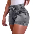 thumbnail image 2 of Women's Tummy Control Denim Shorts High Waist Elasticity Tight Hip Lift Pocket Summer Casual Raw Hem Wash Jeans Shorts, 2 of 7
