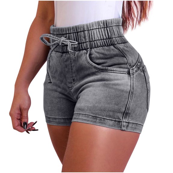 Kilaqueen Drawstring Elastic High Waist Jean Short for Women Casual Trendy Stretchy Washed Summer Denim Shorts