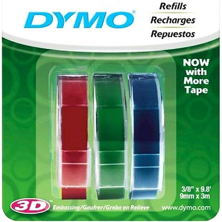 - DYMO Self-Adhesive Embossing Labels, 3/8-Inch x 9.8-Foot Roll, Assorted Colors, 3 Pack