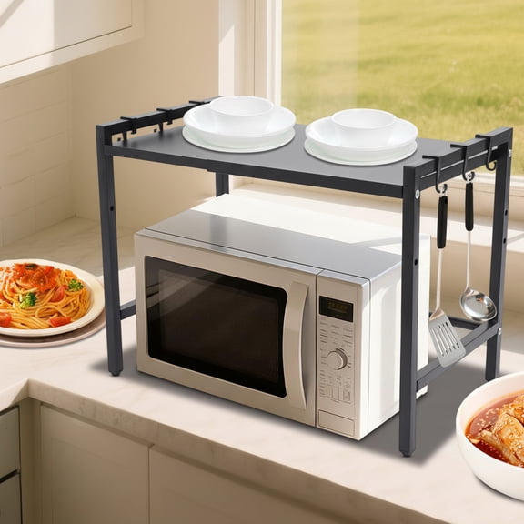 ChicHomey 2-Tier Adjustable Microwave Stand, Kitchen Counter Shelf,Carbon Steel,6 Hooks, Guardrail, Anti-Slip Feet,for Kitchen, Bathroom, Office, Space-Saving Storage, Black