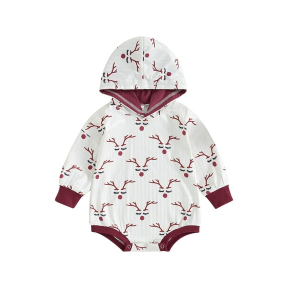 Wassery Newborn Baby Girls Christmas Romper Outfit Long Sleeve Elk Print Hoodie Bodysuits 3 6 9 12 18 Months Infant Girls Christmas Clothes Costume 0-18M