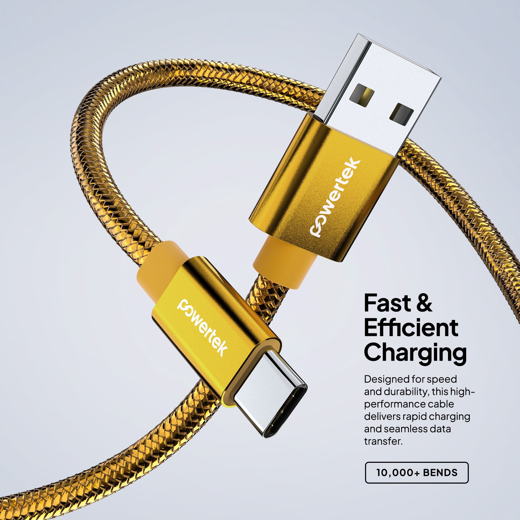 Powertek Luxe 6ft USB-A to USB-C Cable, Gold, Fast Charge & Sync, Metallic Mesh PVC Jacket, Durable Tangle-Free Design