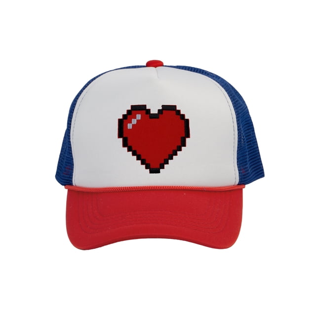 Men's 80's Retro Large 8 Bit Pixelated Heart Gamer Trucker Hat, White/Red/Royal