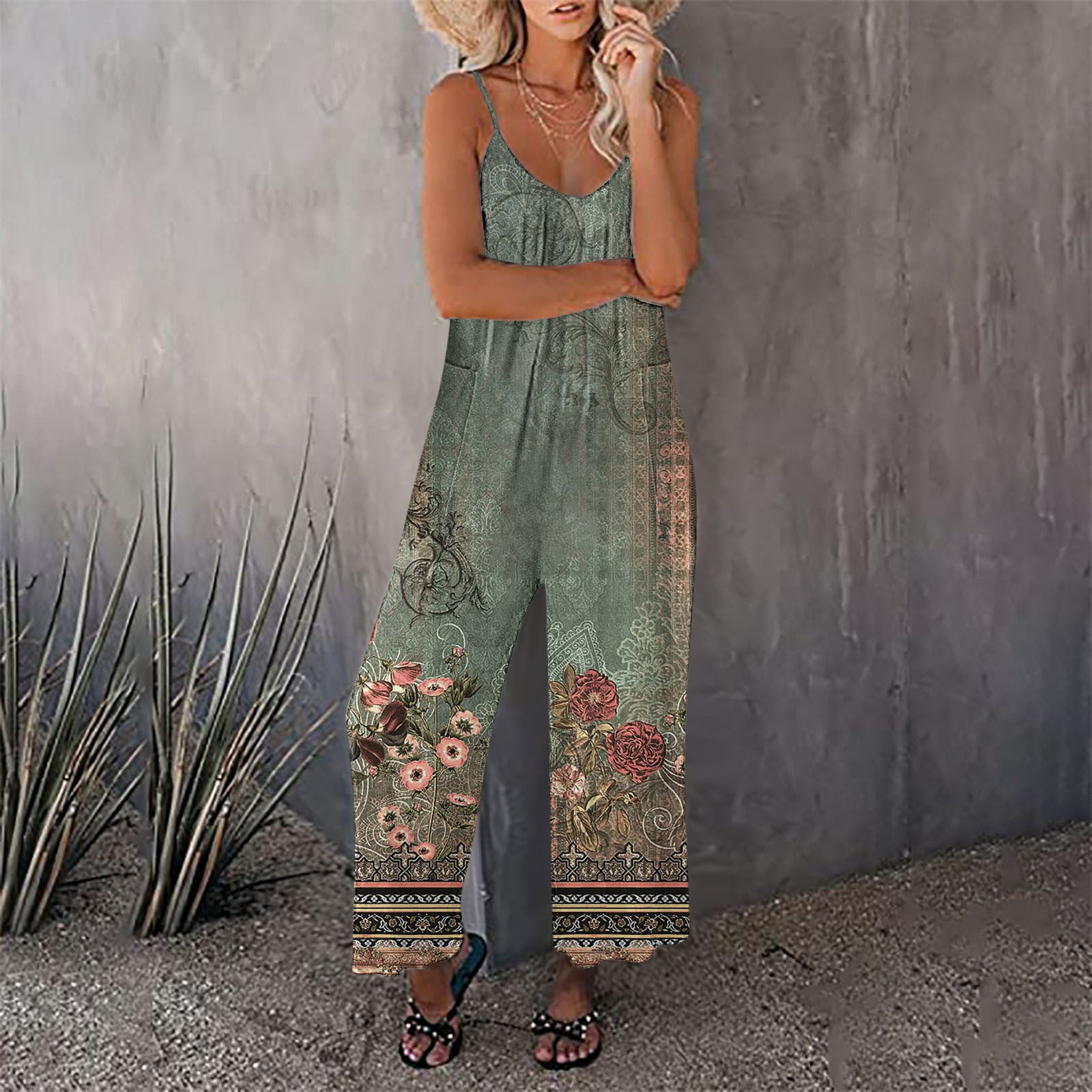 Jumpsuits for Women Fashion Printing Pockets Loose Long Pants