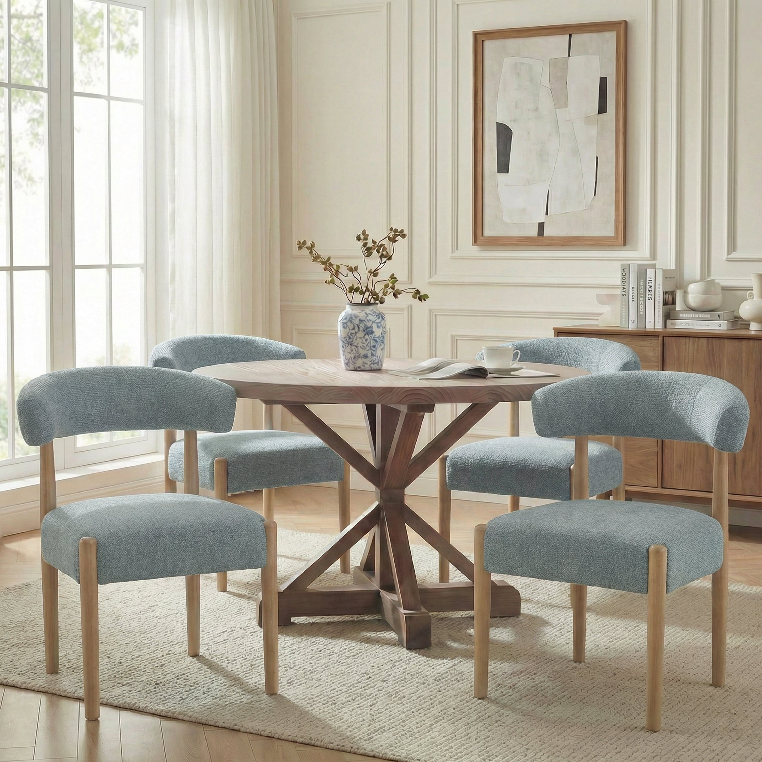 Vknow Furniture Minimalist Fabric Dining Chairs Set of 4 Solid Wood Legs Ergonomic Backrest for Dining Room Bedroom Study, Blue