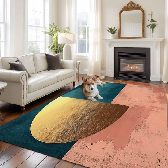6'x9' Area Rugs, Boho Indoor Outdoor Area Rug for Living Room Bedroom, Modern Abstract Gold Teal Geometric Art Washable Bathroom Rugs Kitchen Floor Carpet Mats Home Decor Aesthetic