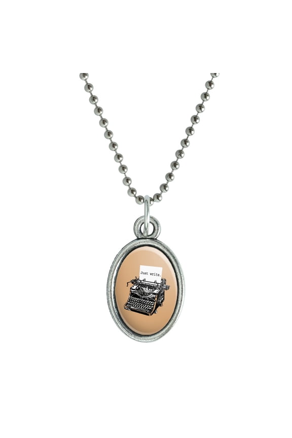 Just Write Antique Typewriter Writer Author Antiqued Oval Charm Pendant with Chain