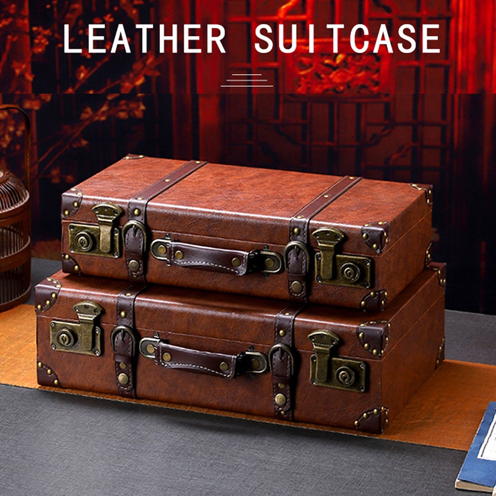 Handcrafted Leather Trunk Practical Carrying Case Decorative Clothes Storage Suitcase Photography Props Case