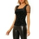 thumbnail image 4 of INSPIRAR CHIC Blusa de terciopelo negra de manga corta con cuello cuadrado y patrón de estrellas brillantes, 4 of 7