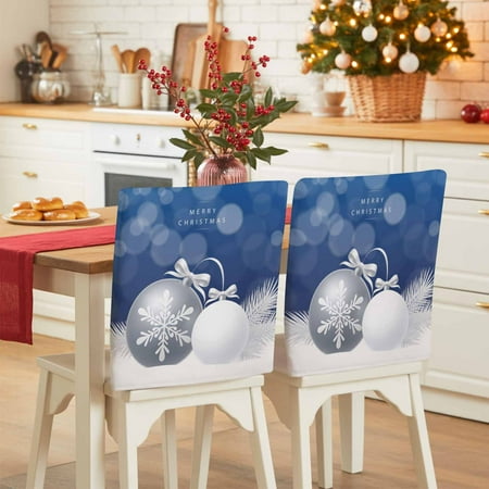 Christmas Chair Back Covers Set of 8 Grey Xmas Ball Snowflake Pine Leaf Blue Background Stretch Dining Chair Back Slipcovers Removable Seat Cover for Kitchen Restaurant Hotel Cafe
