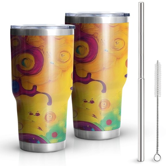 30oz Colorful Circular Pattern Tumblers Stainless Steel Tumbler with Lid and Straw,Vacuum Insulated Double Wall Travel Tumbler Cups Mug with Cleaning Brush for Coffee,Tea