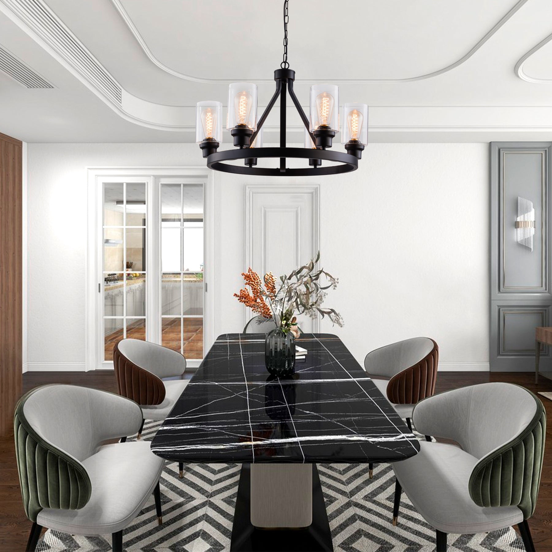UHG 6-Light Black Wheel Chandelier with Glass Shade, Farmhouse Flush Mount Ceiling Light Fixture for Dining&Living Room Entryway, Vintage Metal Pendant Lighting for Bedroom Hallway Kitchen