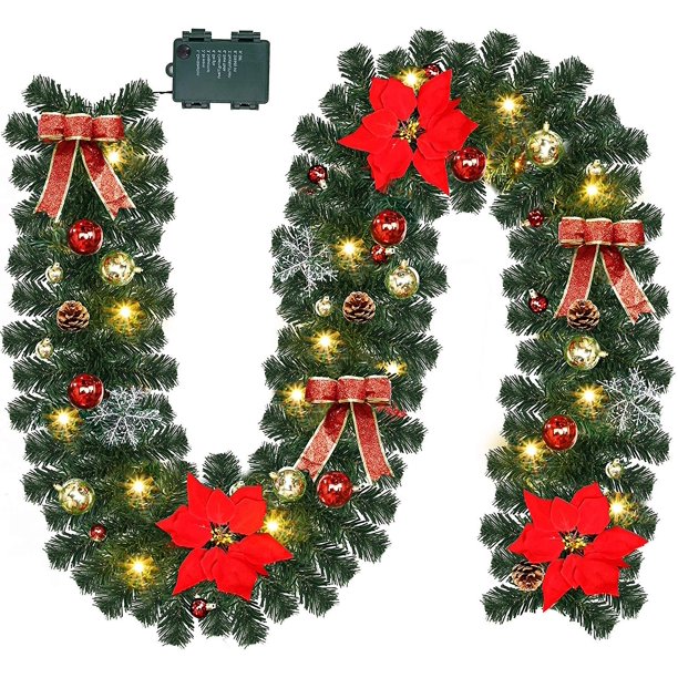 Guirnalda Iluminada De Navidad De 9 Pies, Guirnalda De Navidad Que Funciona Con Baterías Con Luces, Guirnalda De Guirnalda Preiluminada Con Adornos De Bolas De Navidad Para El Hogar Interior. Afortunado Sencillez