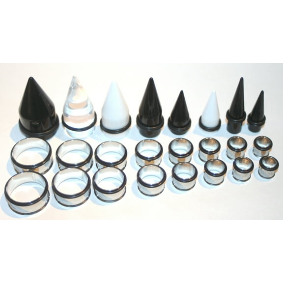 Zaya Body Jewelry 24 Pc EAR STRETCHING KIT 00g 7/16 1/2 9/16 5/8 3/4 7/8 1 inch Black White Clear Tapers Steel Tunnels