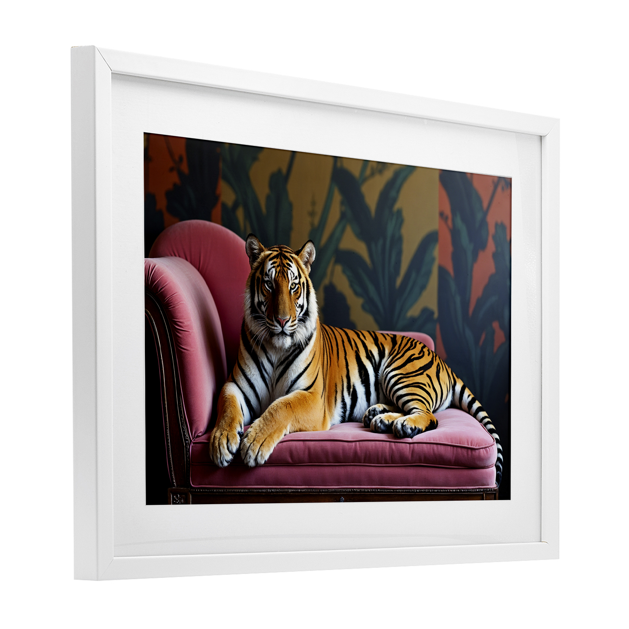 Exotic Tiger Lounging White Framed Print Under Glass, design by Lettered and Lined