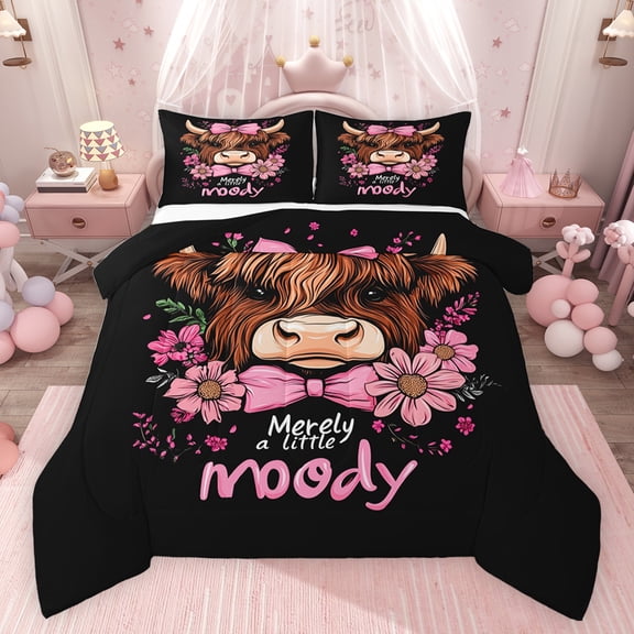 jejeloiu Pink Bowknot Daisy Bedding Comforter Set,Cute Highland Cow Twin Comforter Sets,Country Farm Animal Bedding Set For Girls Kids,Luxury Bedroom Decor Reversible,2pcs