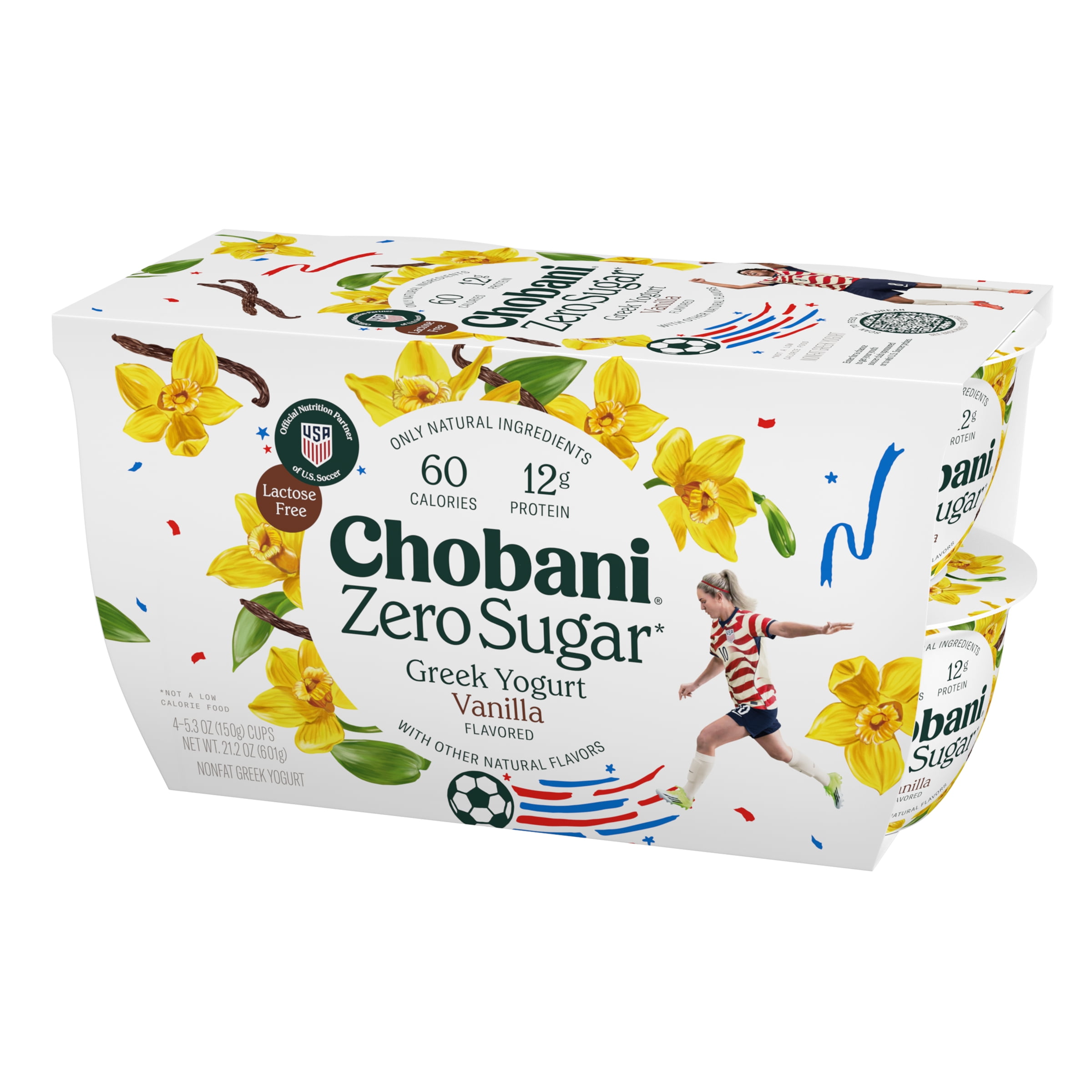 Chobani Zero Sugar Non-Fat Greek Yogurt Vanilla 5.3 oz Cup, 4 Pack