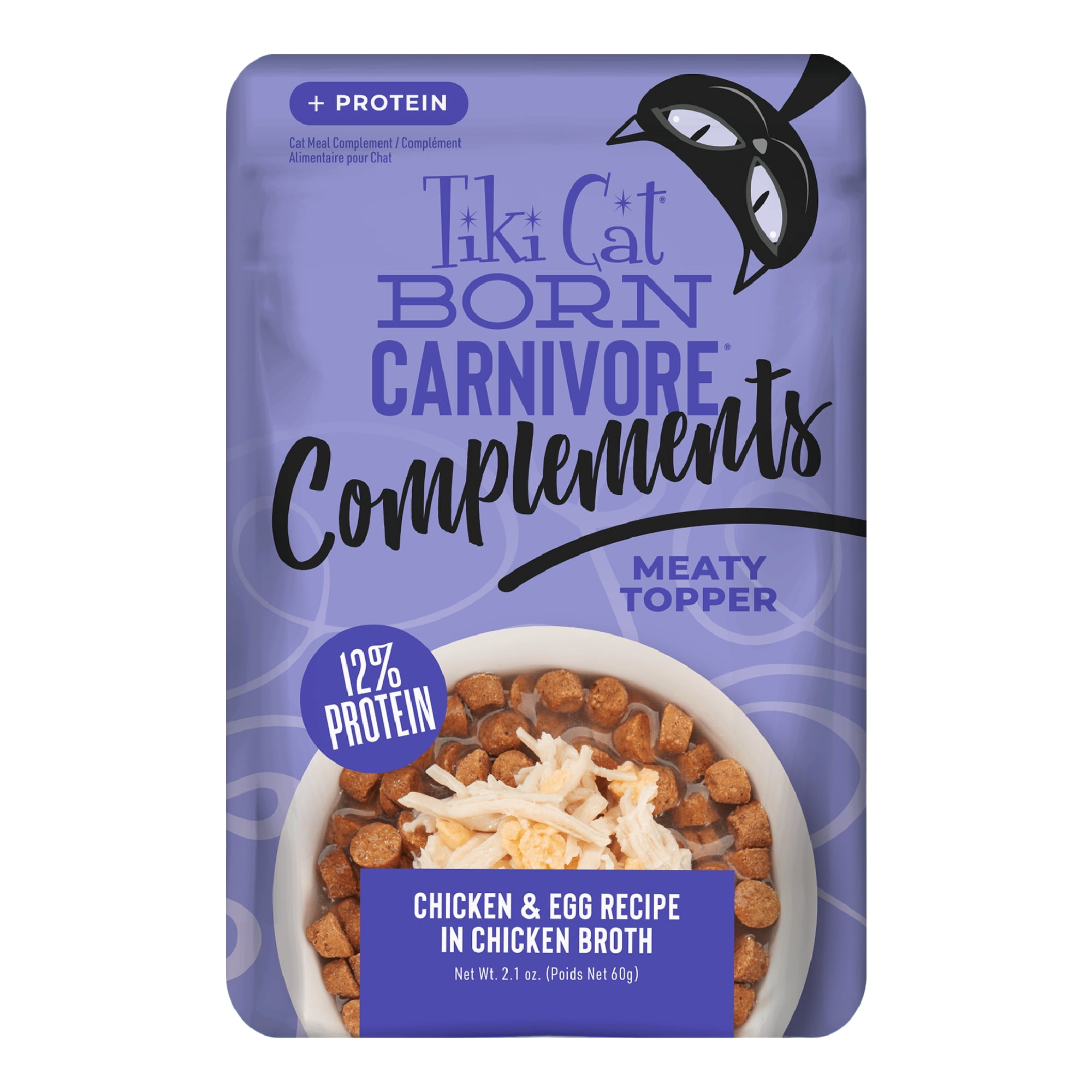 (4 pack) Tiki Cat Born Carnivore Complements Wet Cat Food Topper, Chicken & Egg 2.1 oz. Pouch