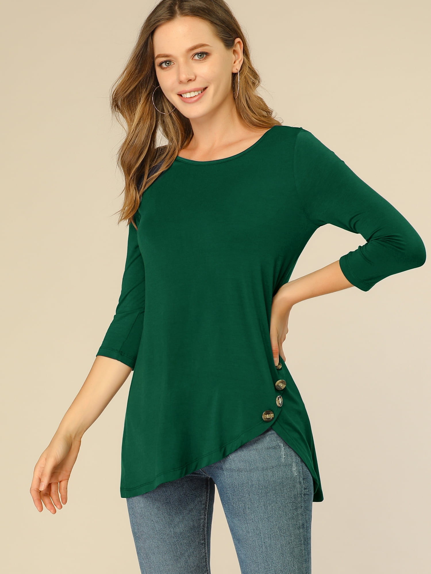 DARING DIVA Women's Casual Stretchy Tunic Asymmetric Hem Top XS Dark Green