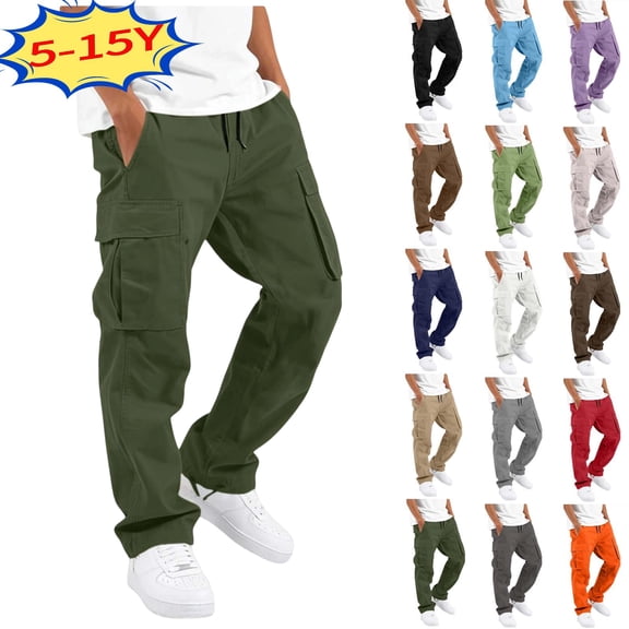 Boys Uniform Cargo Pants Cotton Baggy Chino Pants Joggers, Teen Back to School Trousers,Straight Leg Hiking Pants with Pockets,Elastic Waist Casual Sports Workwear for Kids 5-15 Years