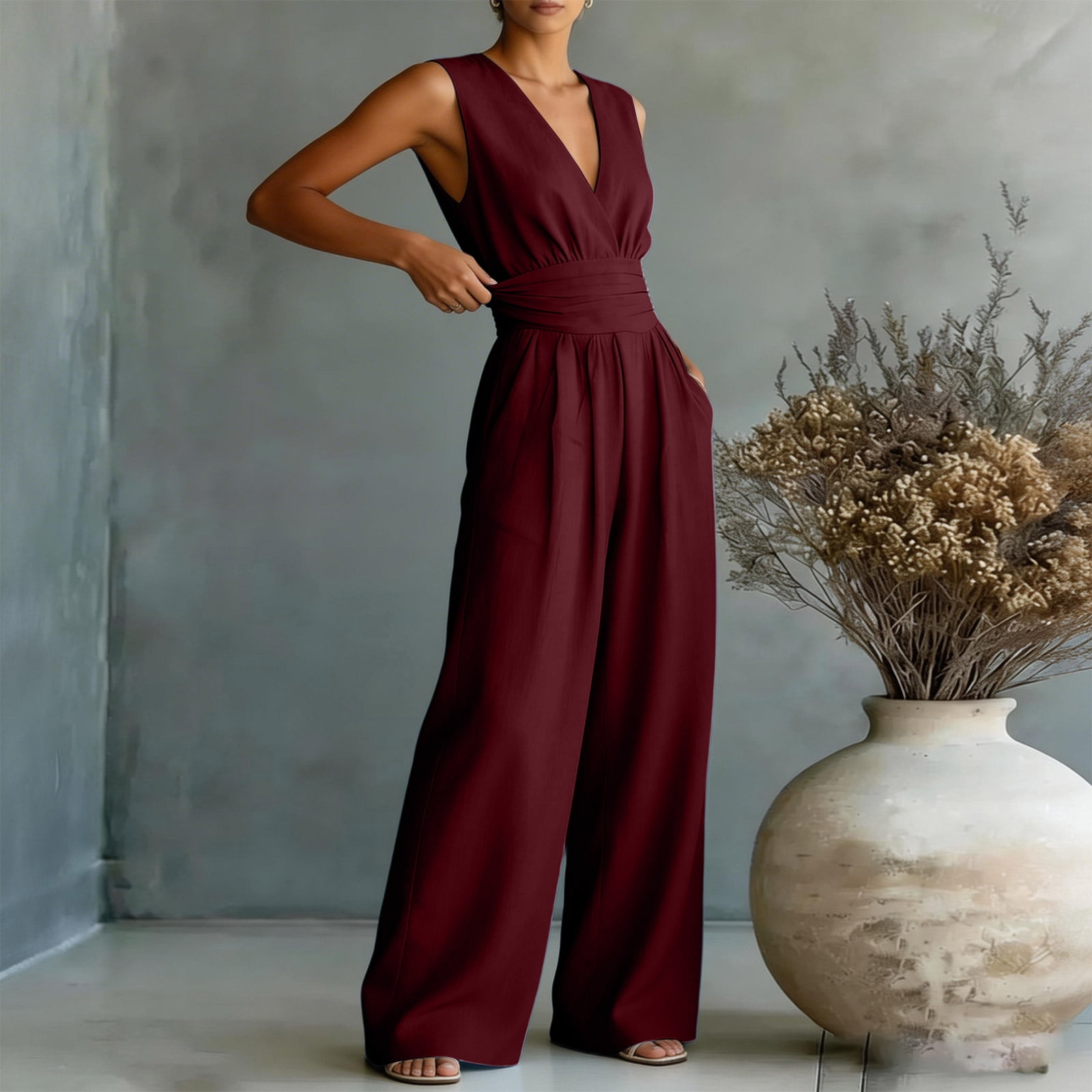 Women's Summer V-Neck Wide-Leg Jumpsuits, Sleeveless Ruched Waist Maxi Jumpsuits, XL